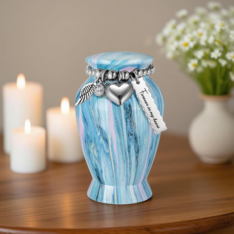 XIUDA Memorials Small Urns for Human Ashes Keepsake Aluminum Mini Urns for Ashes with Angel Wing Charm Decorative Burial Urn Funeral Cremation Urns for Women and Men (Ocean Blue) - Image 5